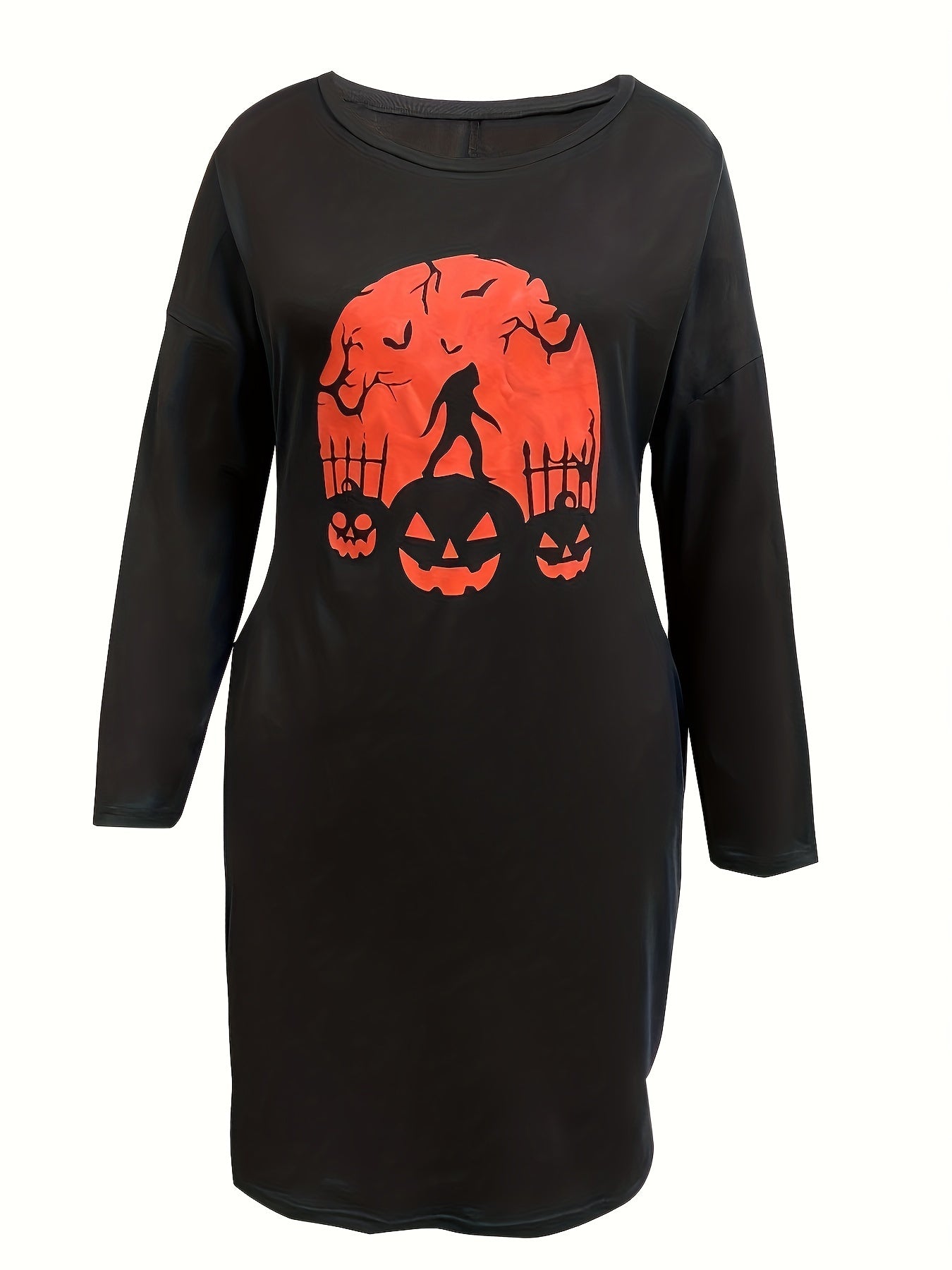  Pumpkin Print Long Sleeve Casual Dress