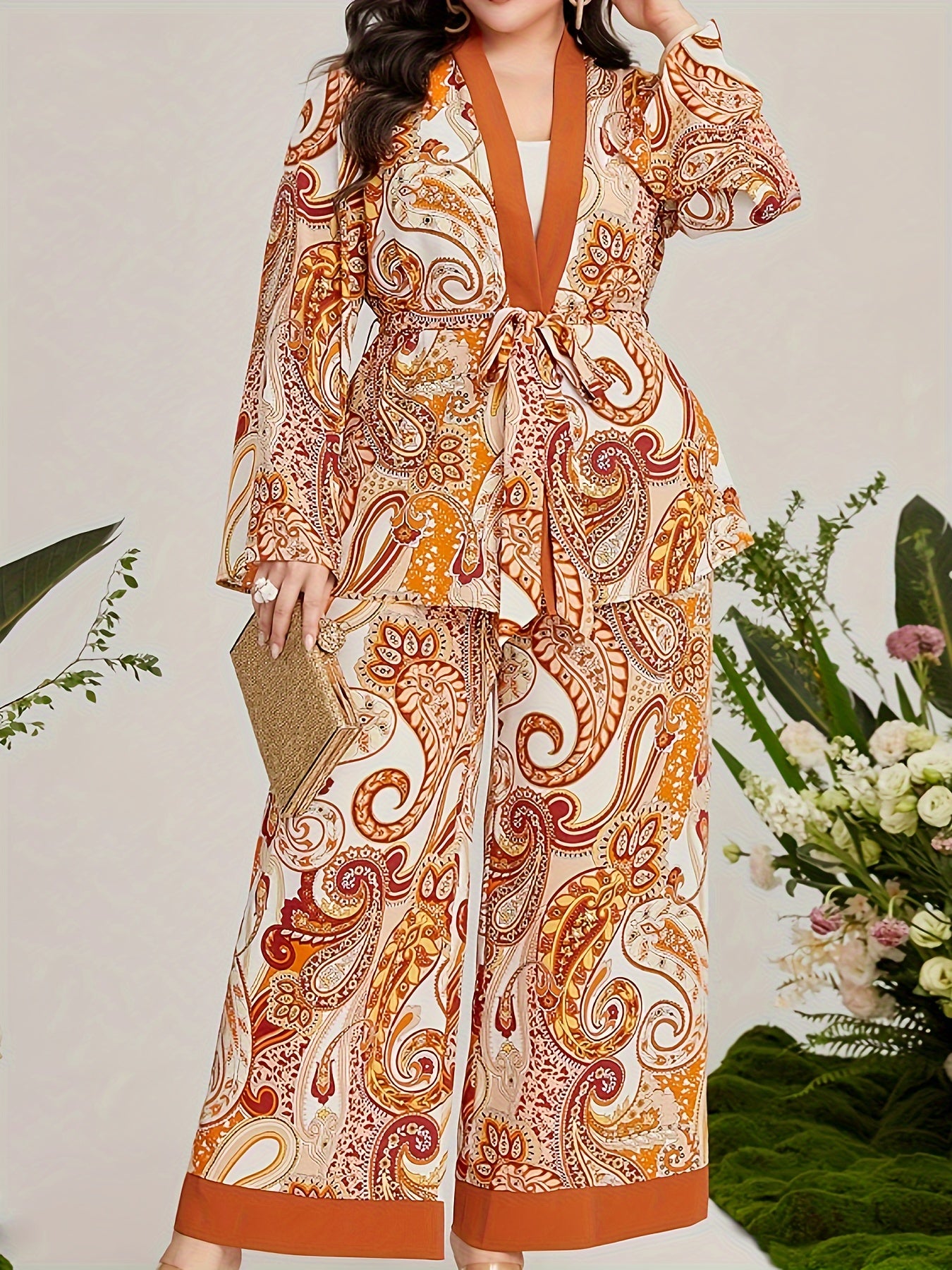 Women's Plus Paisley Print Long Sleeve Cardigan & Wide Leg Pants 2 Piece Set