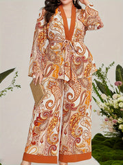 Women's Plus Paisley Print Long Sleeve Cardigan & Wide Leg Pants 2 Piece Set