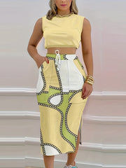  Solid Crop Tank Top & Chain Print Bodycon Skirt Set