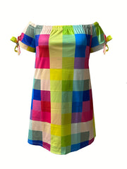  Colorblock Stripe Print Off Shoulder Mini Knot Dress