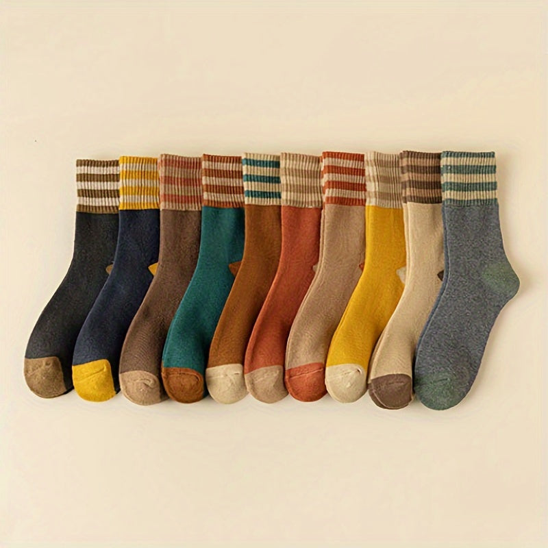 10 Pairs Striped Colorblock Socks Cozy Mid Tube Women's Stockings