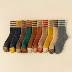 10 Pairs Striped Colorblock Socks Cozy Mid Tube Women's Stockings