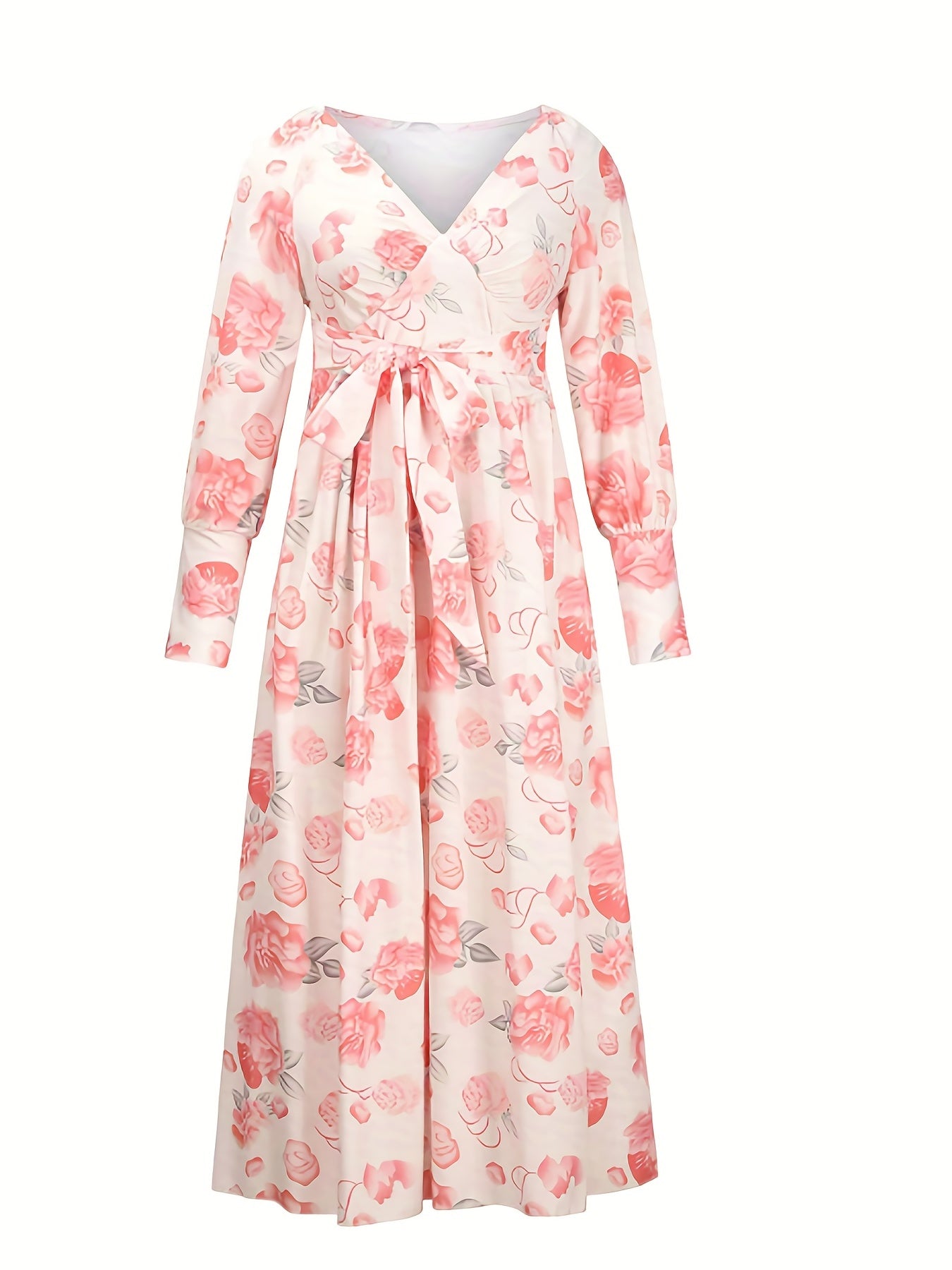 Floral Print Lantern Sleeve Split Dress With Belt