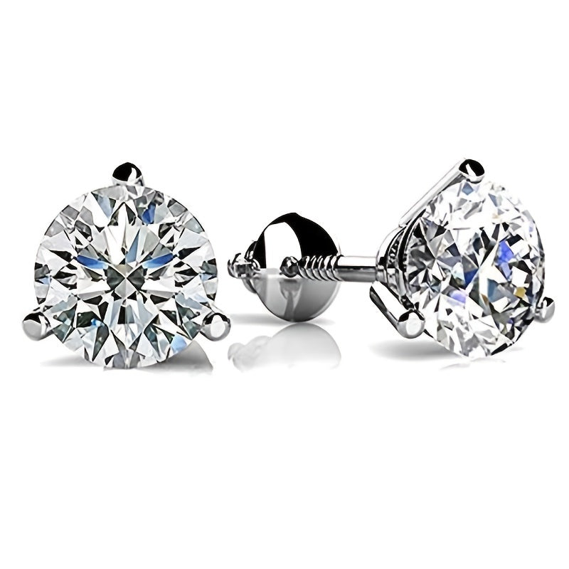 3 Claw Zircon Screw Back Earrings Silver Plated 925 Silver For Women Girls
