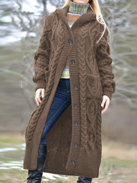  Solid Cable Button Up Long Sleeve Hooded Cardigan