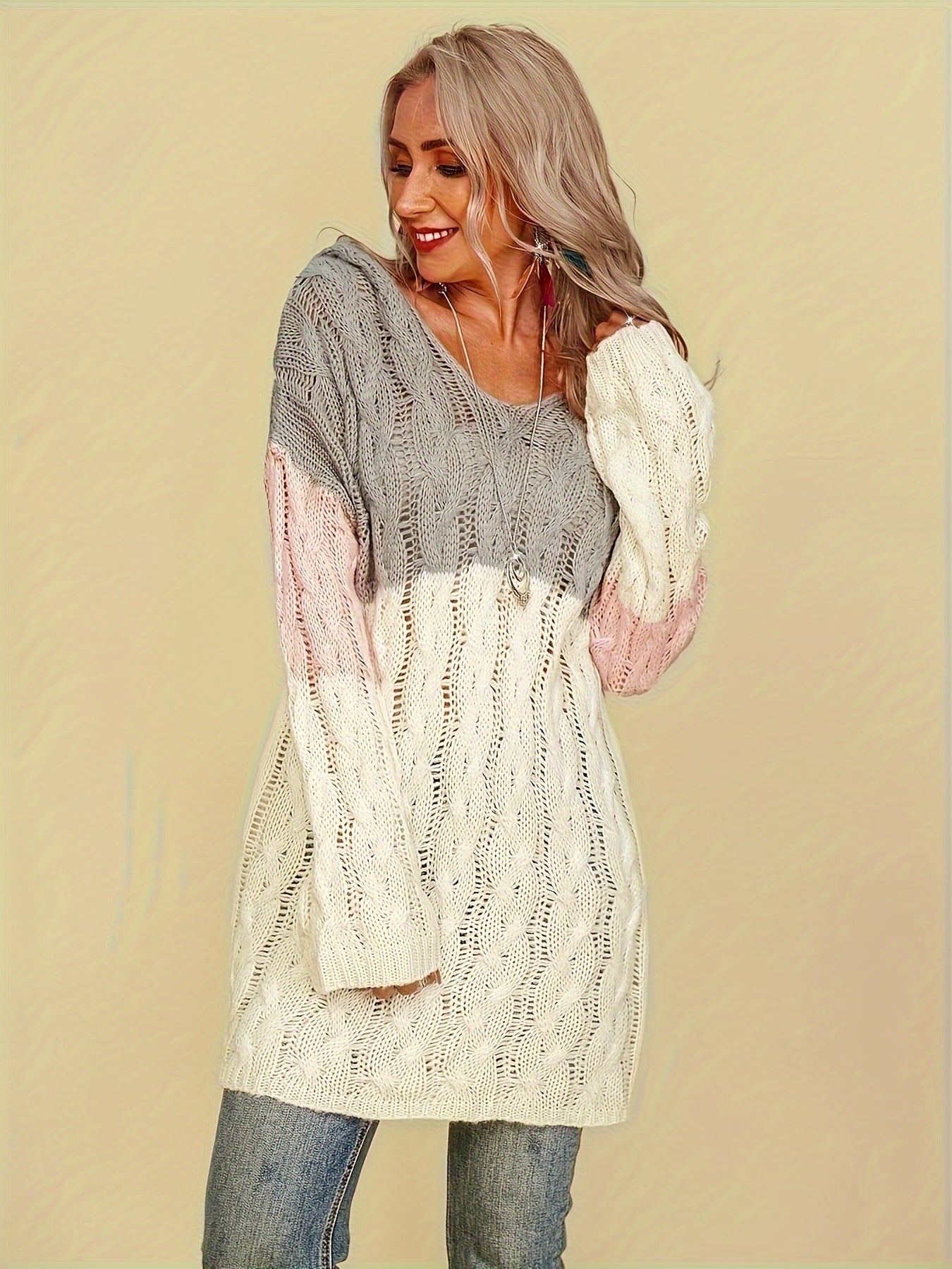  Colorblock Cable Long Sleeve Hooded Sweater