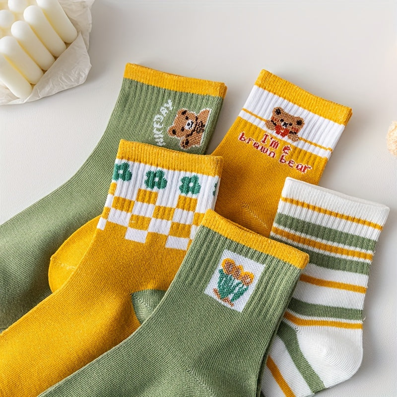 5 Pairs Bear Print Socks Comfy Women's Stockings