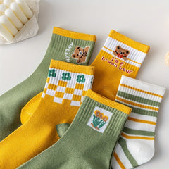 5 Pairs Bear Print Socks Comfy Women's Stockings
