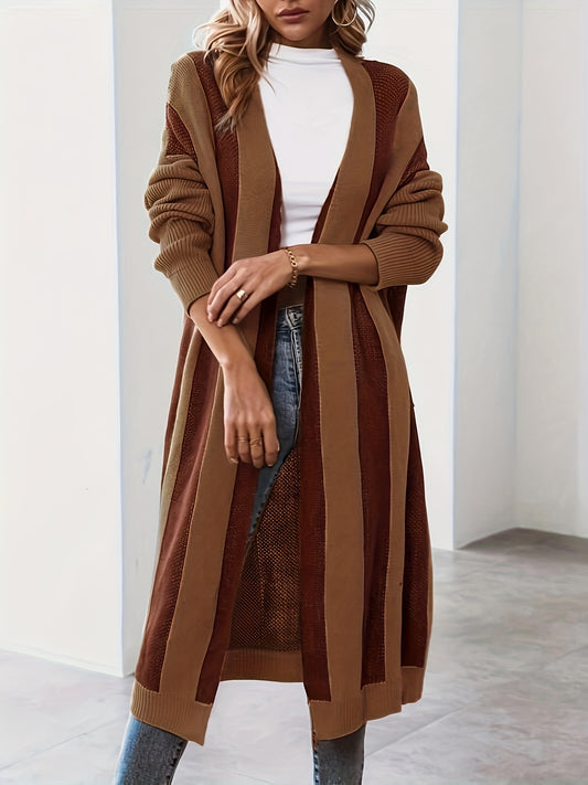  Colorblock Open Front Long Cardigan