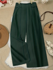  Women's Wide Leg Trousers Button Detail High Rise Solid Stitching