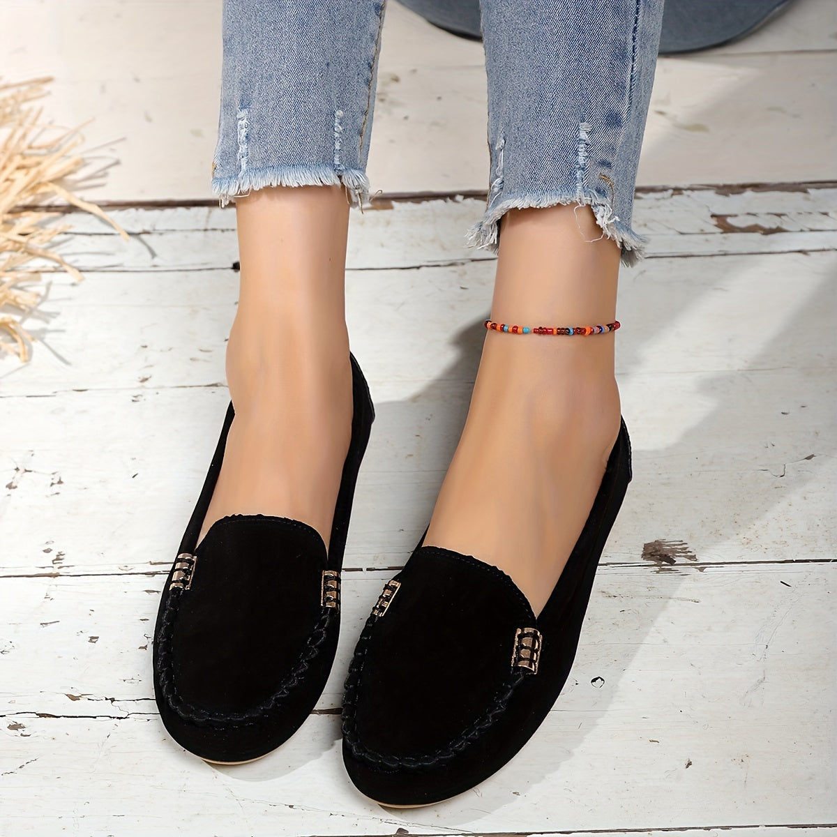 Women's Metal Decor Loafers Non Slip Slip On Walking Shoes Comfort Flat Shoes