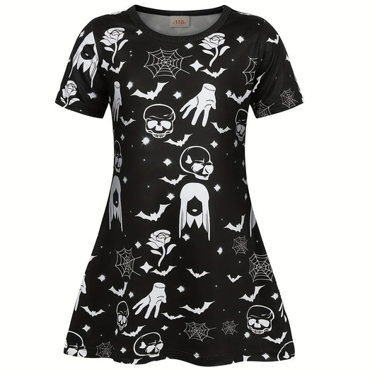 Girls Summer Dress Short Sleeve Mid length Dress Halloween Creative Printing