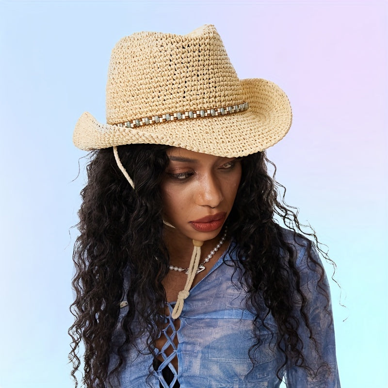 Boho Crochet Sun Hat Beaded Bowknot Hollow Out Straw Cowboy Hat