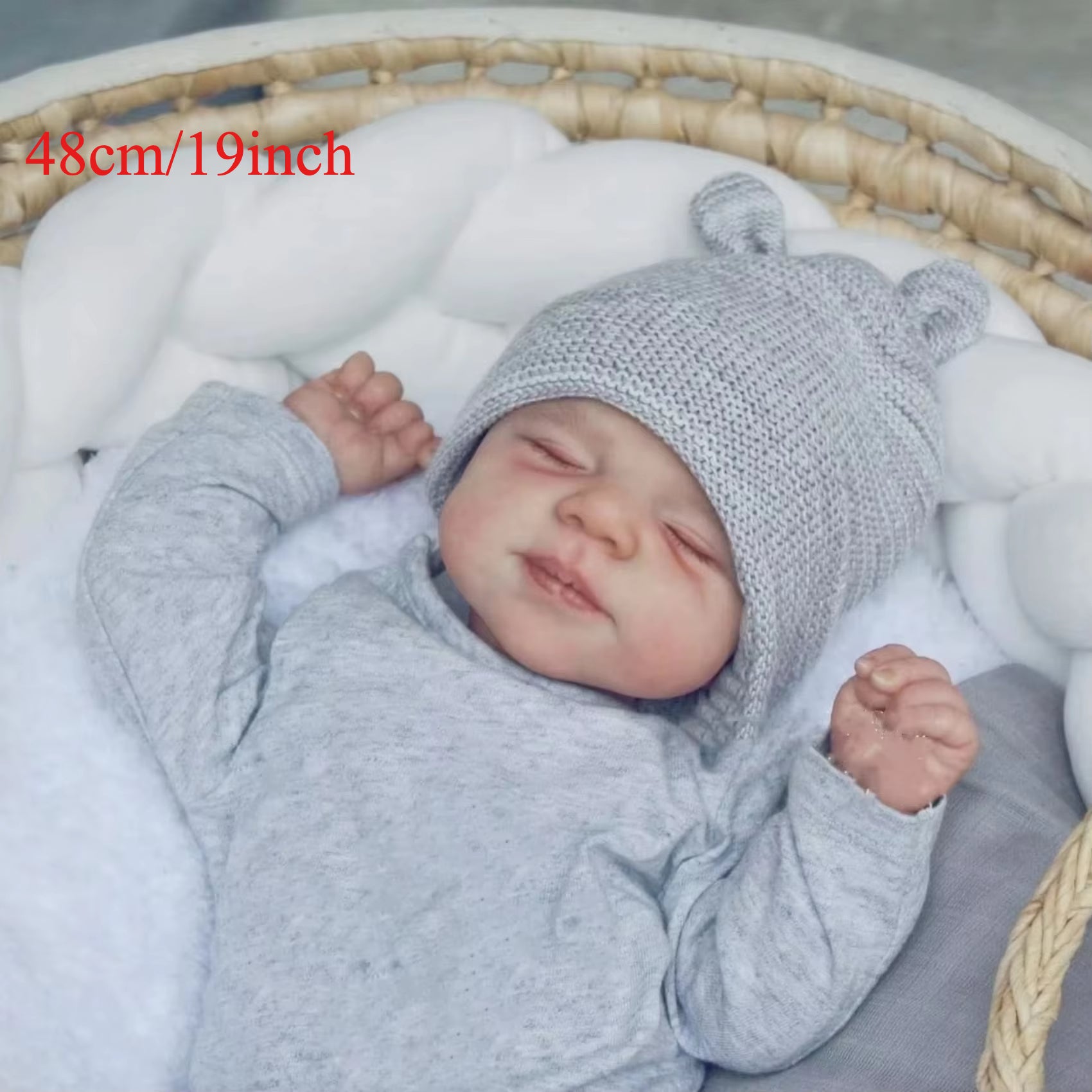 19in Asleep Boy Reborn Doll, Hand Drawn Hair, Light Beige 3D Paint