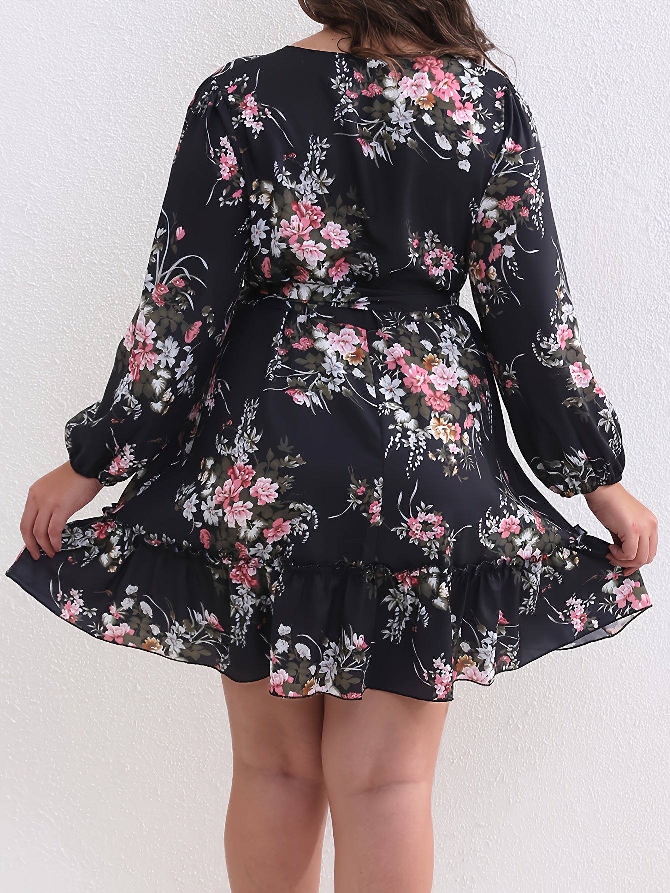 Floral Print Lantern Sleeve Plus Size Mini Dress With Belt