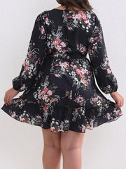 Floral Print Lantern Sleeve Plus Size Mini Dress With Belt