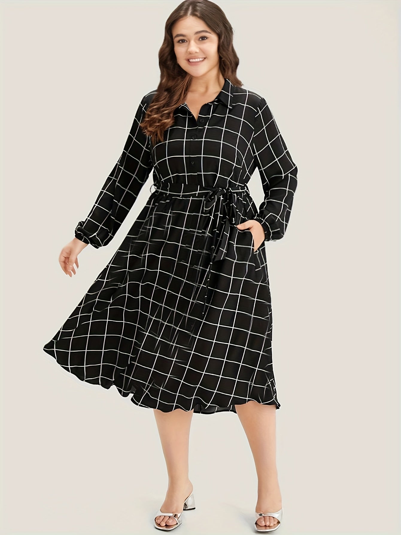  Women's Grid Print Long Sleeve Midi Shirt Dress