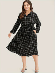  Women's Grid Print Long Sleeve Midi Shirt Dress