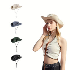 Button Rolled Brim Cowboy Hat Solid Sunscreen Western Cowgirl Hat