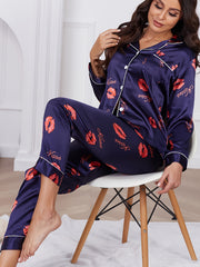 Lips & Letter Print Pajama Set Long Sleeve Top & Pants Women's Sleepwear