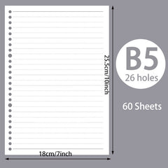 60pcs A5 B5 Horizontal Line Loose Leaf Paper Refill 20 Holes 26 Holes