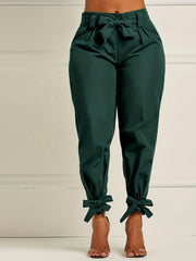 Plus Size Bow Knot Tapered Leg Elastic Pants With Belt