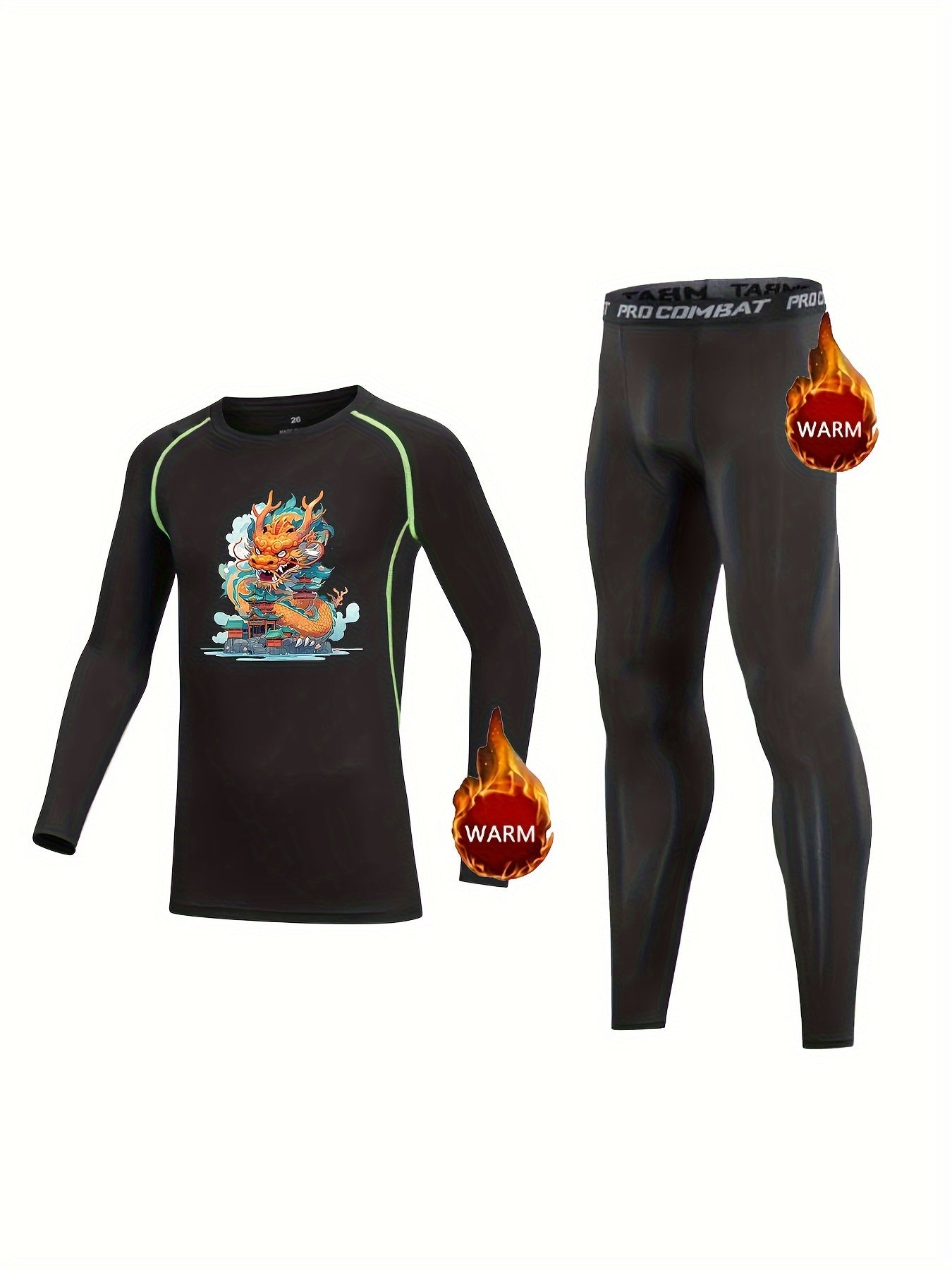Kids Dragon Pattern Compression Set with Elastic Waist Pants