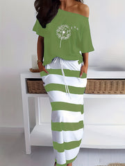 Women's Plus Dandelion Print Top & Stripe Print Maxi Skirt Set