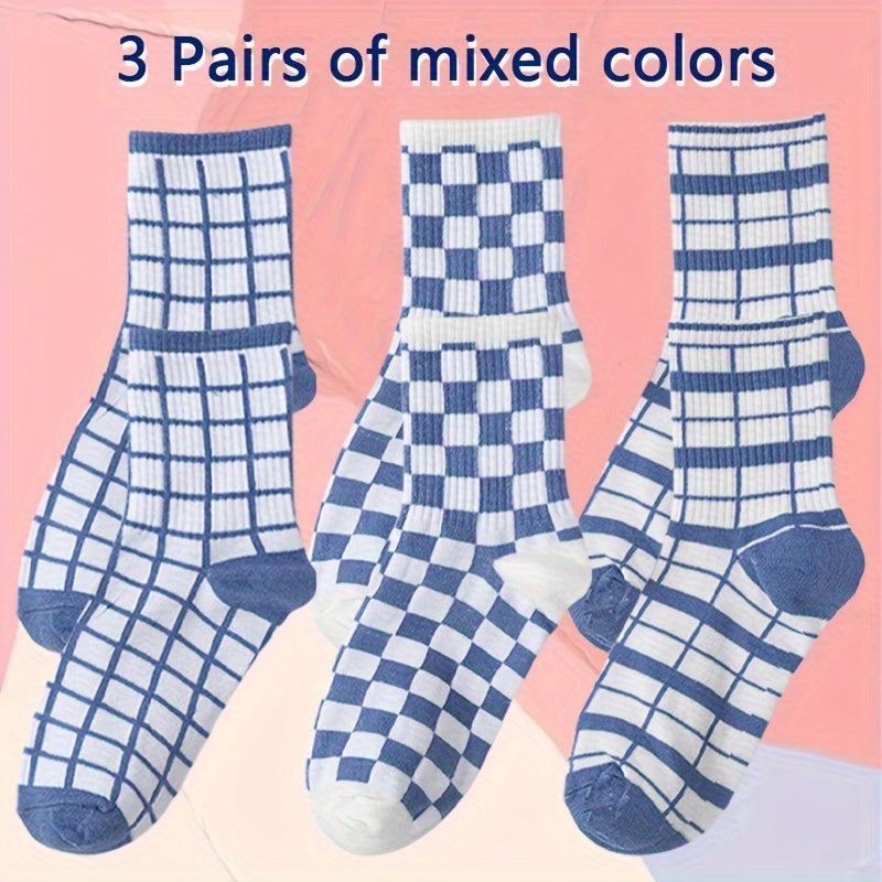 3 Pairs Bear & Plaid Print Socks Comfy & Mid Tube Socks Women's Stockings