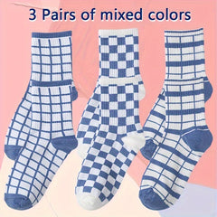 3 Pairs Bear & Plaid Print Socks Comfy & Mid Tube Socks Women's Stockings