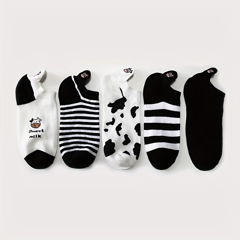 5 Pairs Cartoon Cow Print Socks & Lightweight Ankle Socks Women's Stockings