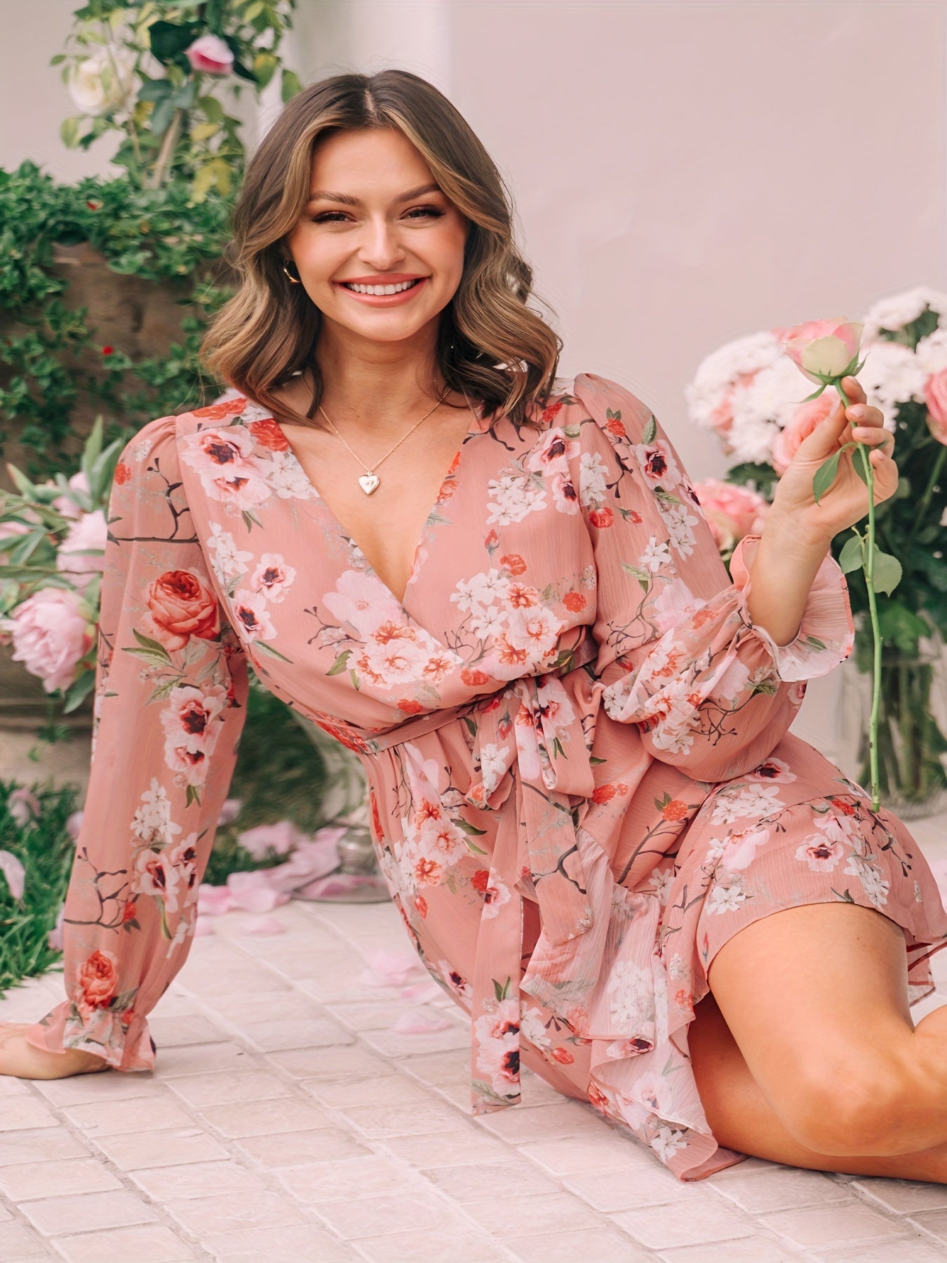 Floral Lantern Sleeve Wrap Dress Plus Size