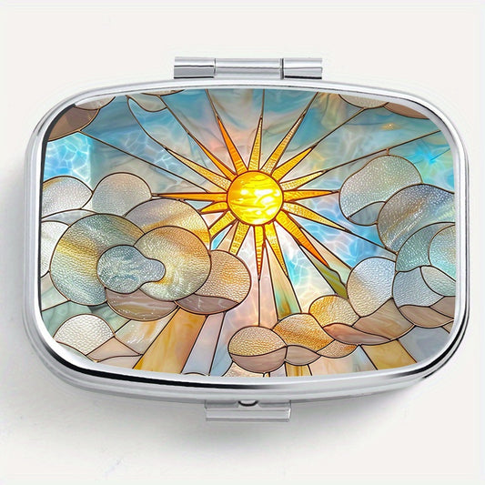 Stained Glass Sun Print Pill Case Dual Compartment Medicine Box