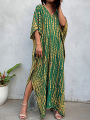  Boho Cover Up Tie Dye Striped Bat Sleeve V Neck Split Max