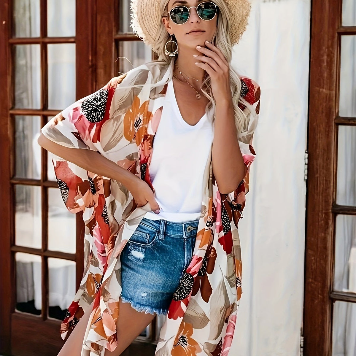 Floral Print Bat Sleeve Cover Up Cardigan
