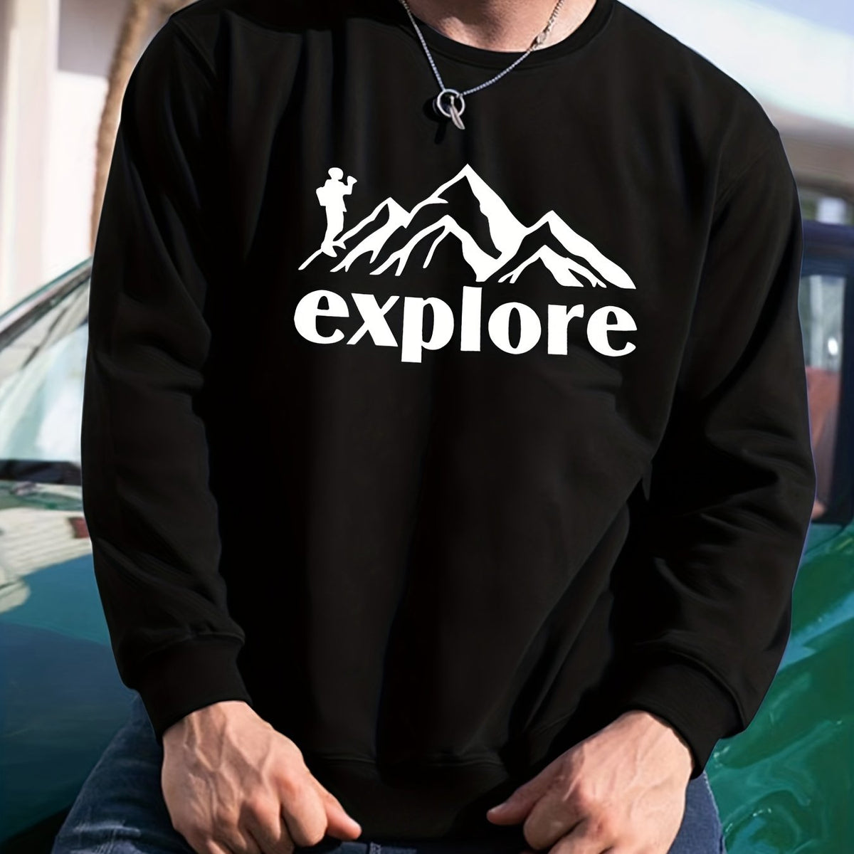 Graphic Mountain Print Sweatshirt Men's Casual Crew Neck Pullover Sweatshirt