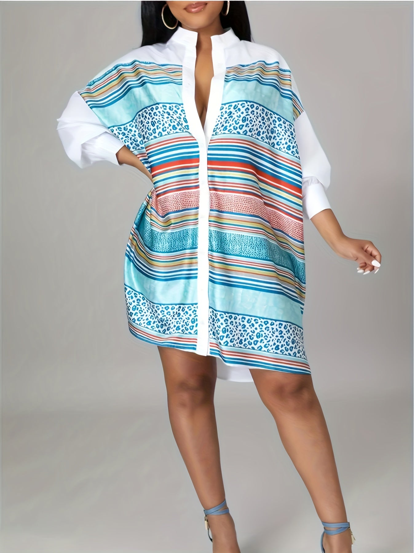  Colorblock Stripe & Leopard Print Button Up Shirt Dress