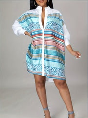  Colorblock Stripe & Leopard Print Button Up Shirt Dress