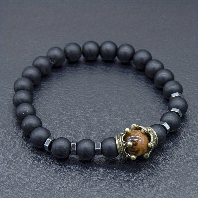 Crown Tiger Eye Bead Bracelet Men's Jewelry