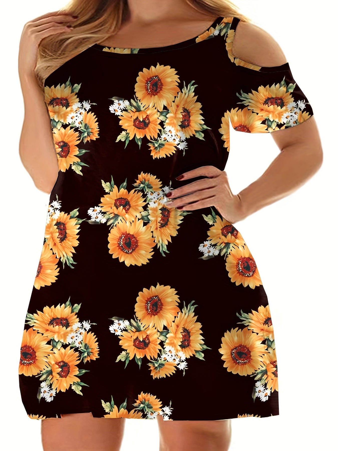 Women's Plus Sunflower Print Cold Shoulder Dress