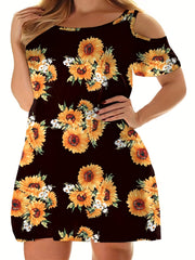 Women's Plus Sunflower Print Cold Shoulder Dress