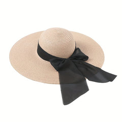 Big Bowknot Sun Hat Solid UV Protection Vintage Straw Beach Hats For Women