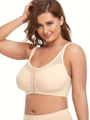 Plus Size Sports Bra Women's Plus Solid Closure Front Wireless Fitness Mesh Bra