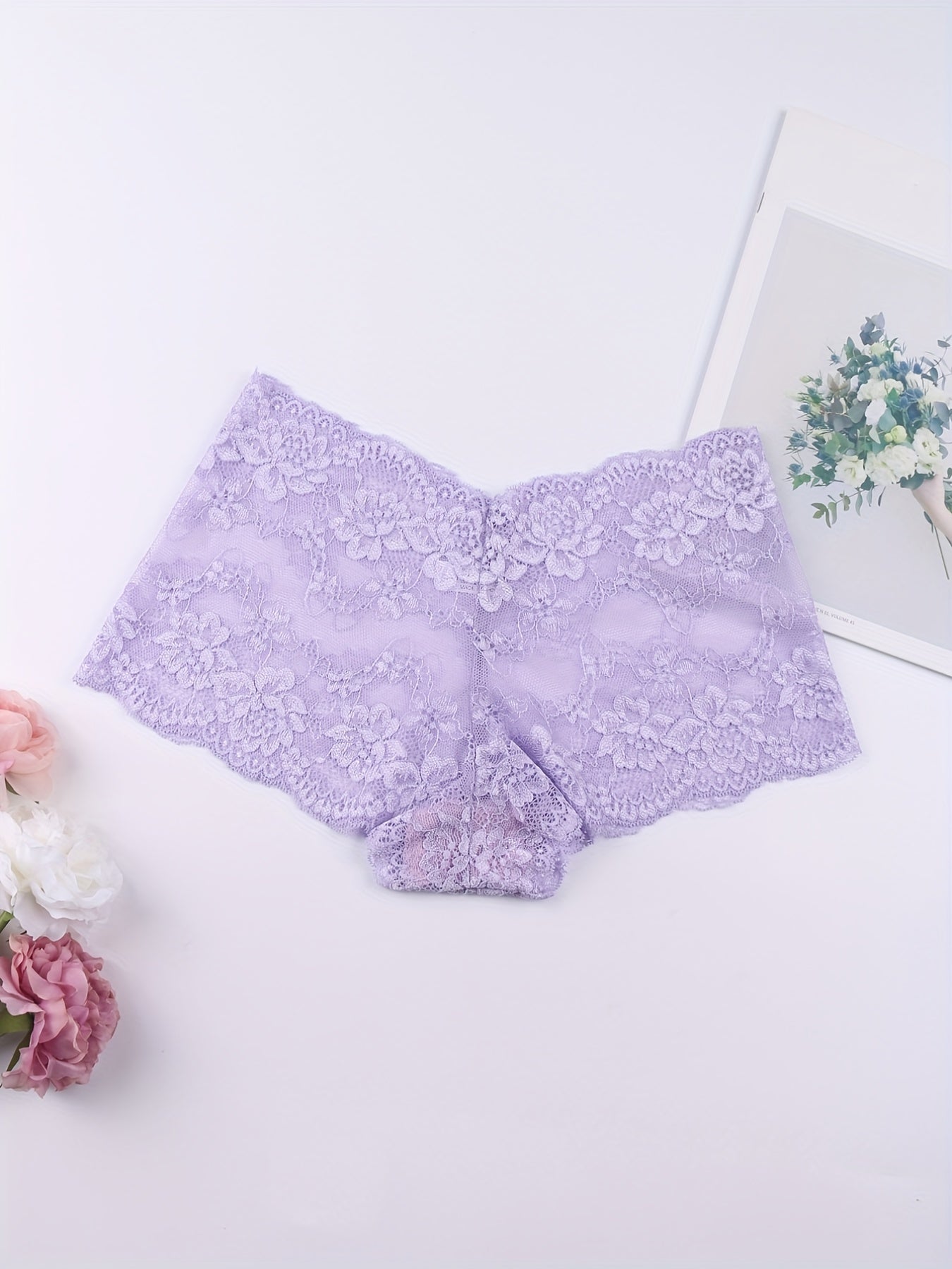 6pcs Floral Lace Boyshort Panties Soft & Comfortable Women's Lingerie