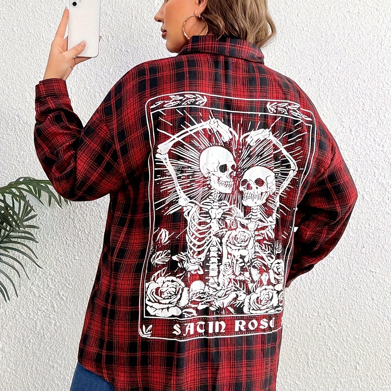  Casual Blouse Women's Plus Skull & Plaid Print Long Sleeve Shirt