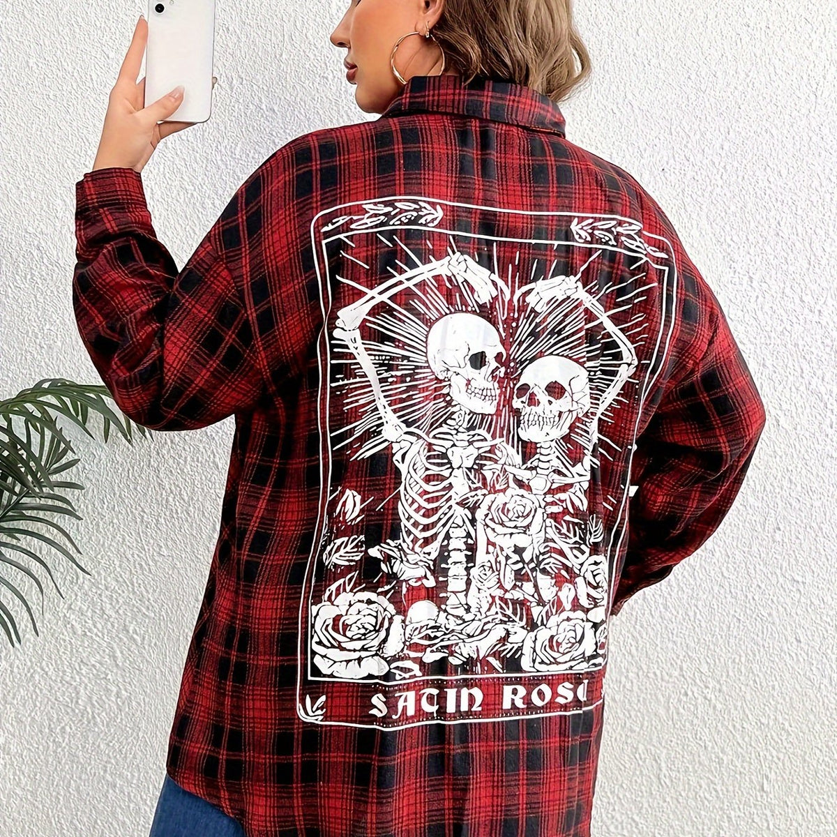  Casual Blouse Women's Plus Skull & Plaid Print Long Sleeve Shirt