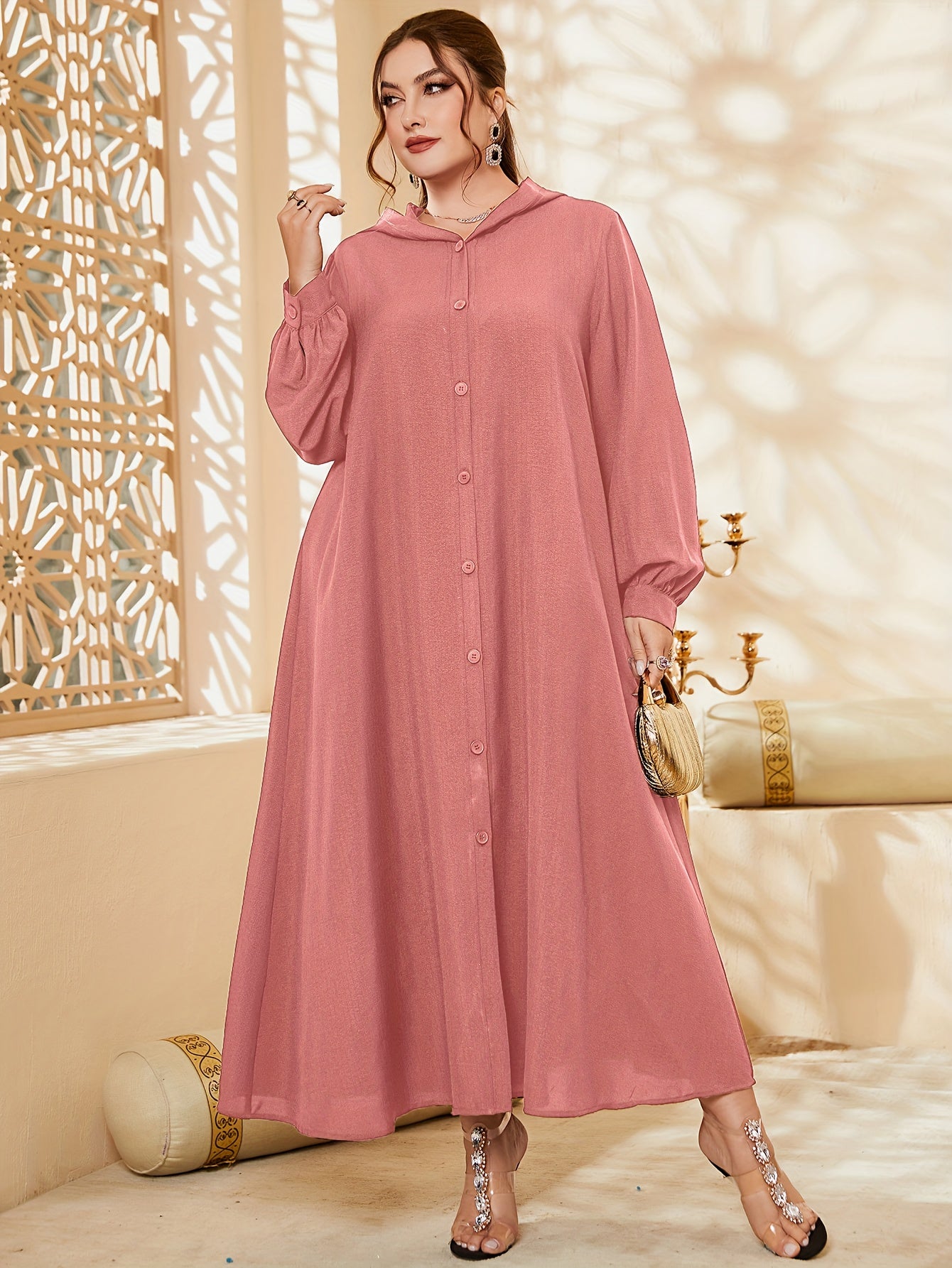  Solid Button Up Maxi Hooded Shirt Dress