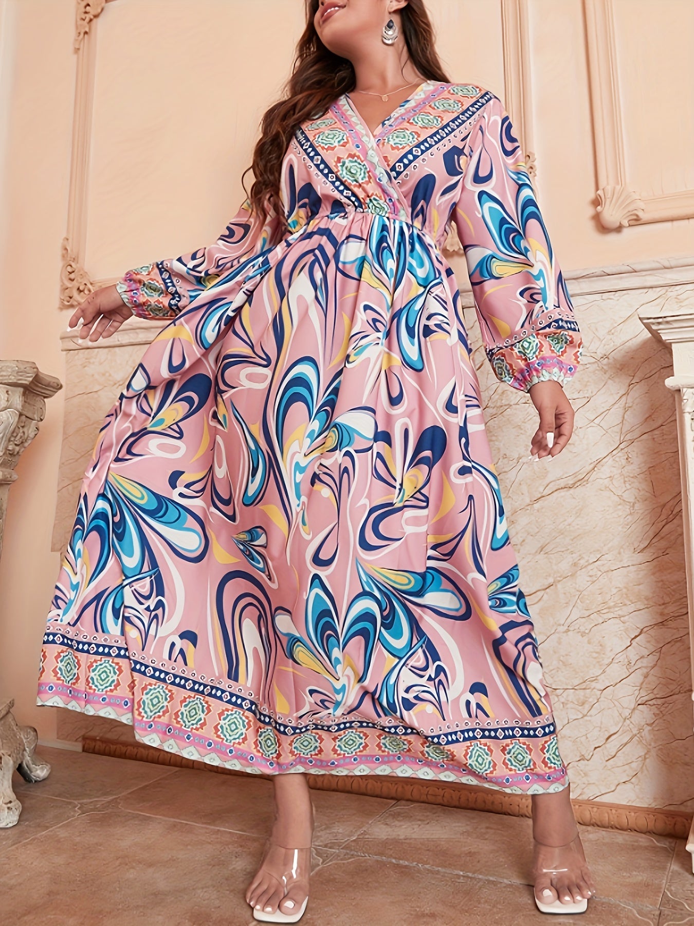 Floral Print Plus Size Long Sleeve Maxi Dress