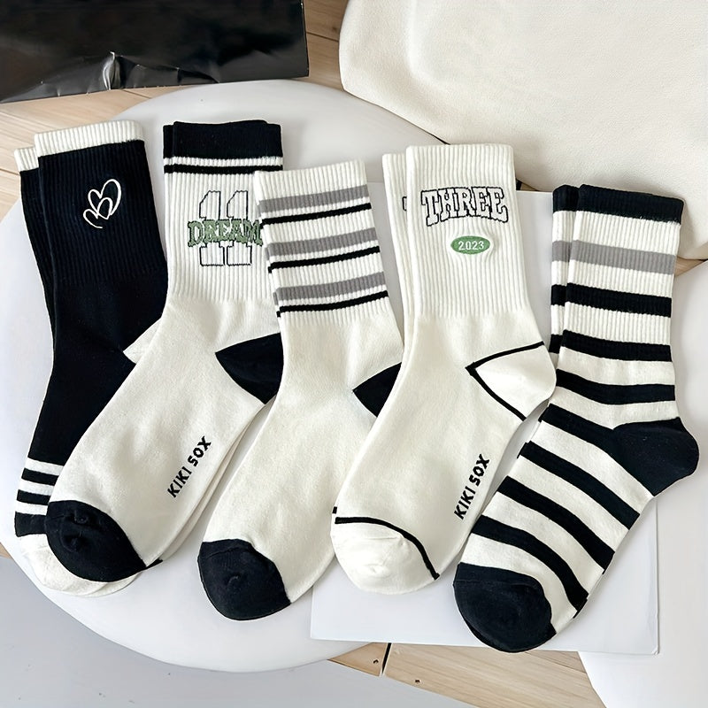 5 Pairs Stripe & Letter Print Ribbed Socks Women's Stockings